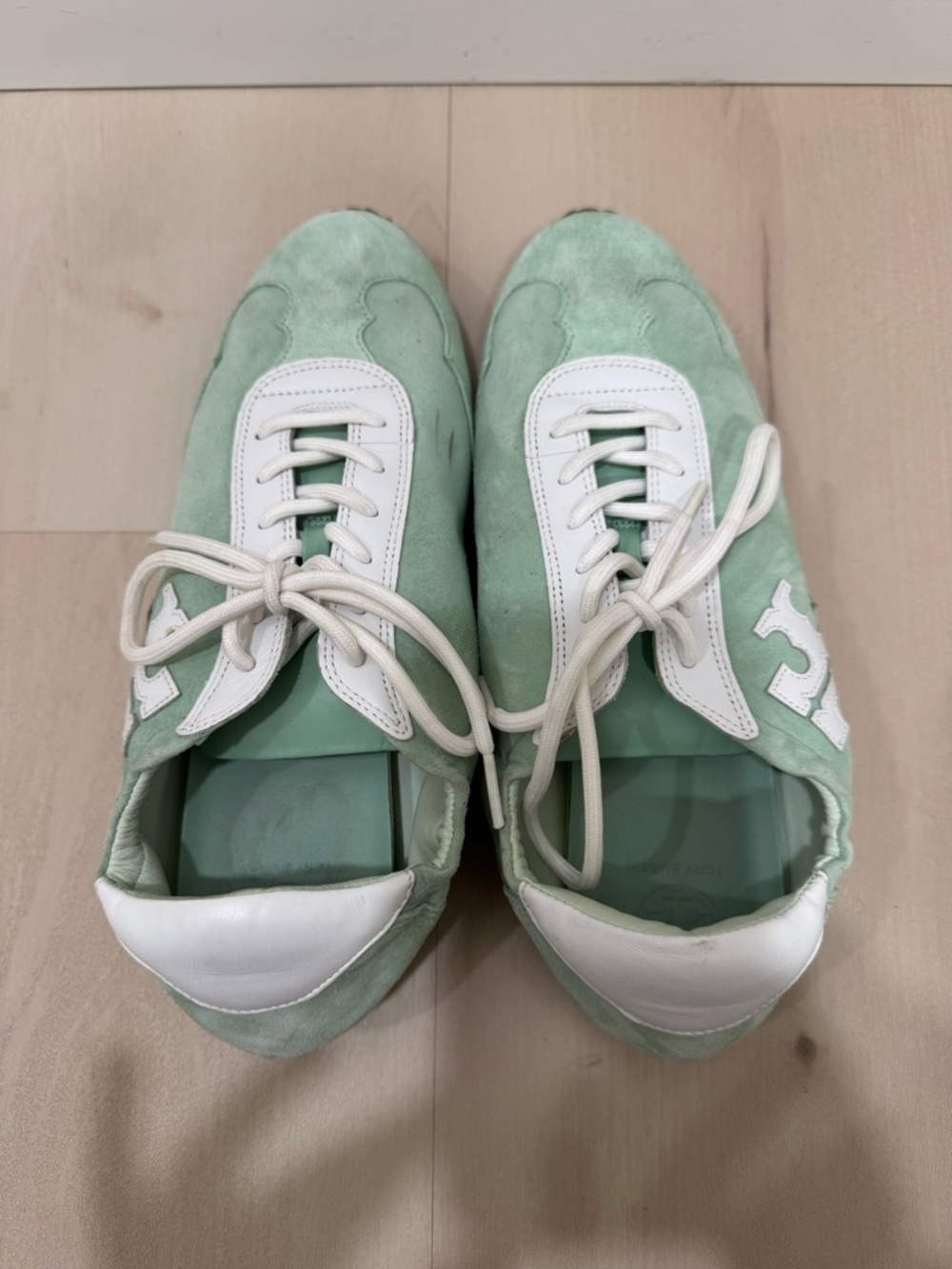 Tory Burch Mint Green White Suede Leather Logo Sneakers Women's 9.5 - Picture 9 of 15
